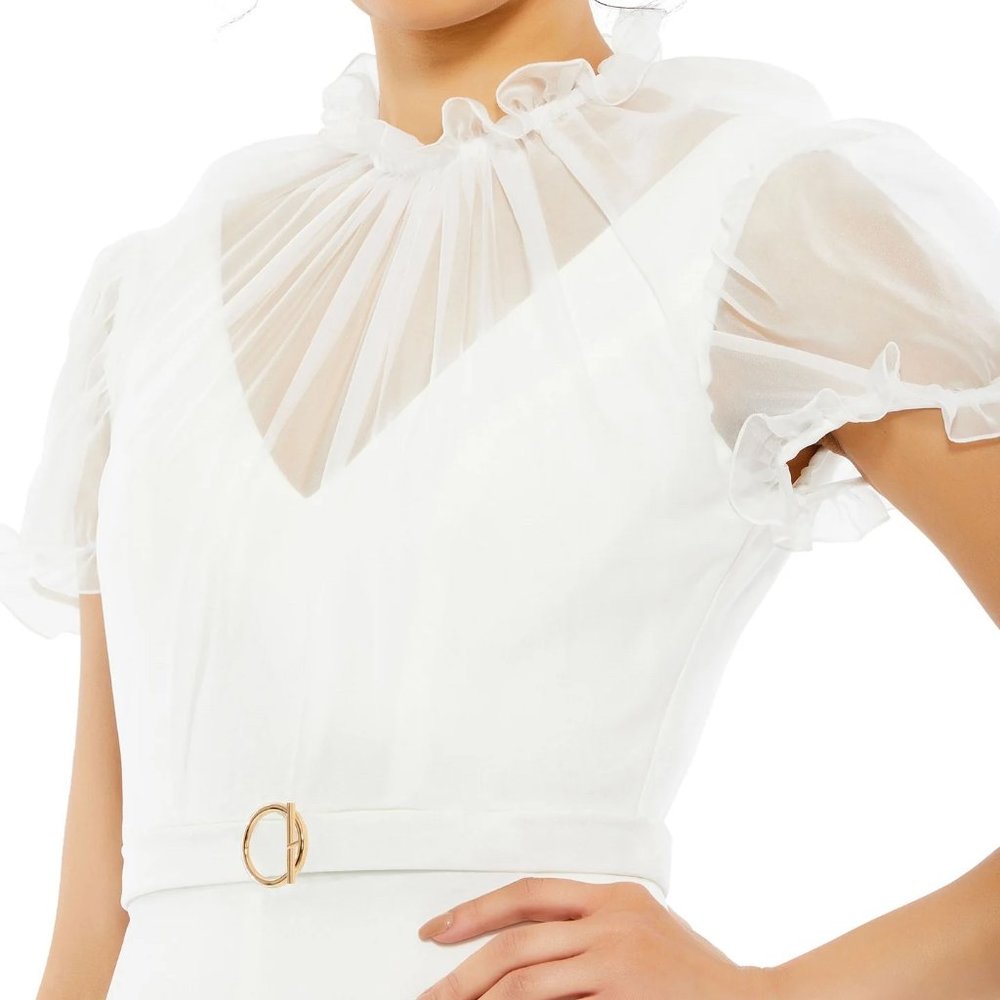 Mac Duggal 26621 White Belted Illusion‎ High Neck Cap Sleeve Jumpsuit Size 2 - Picture 3 of 13